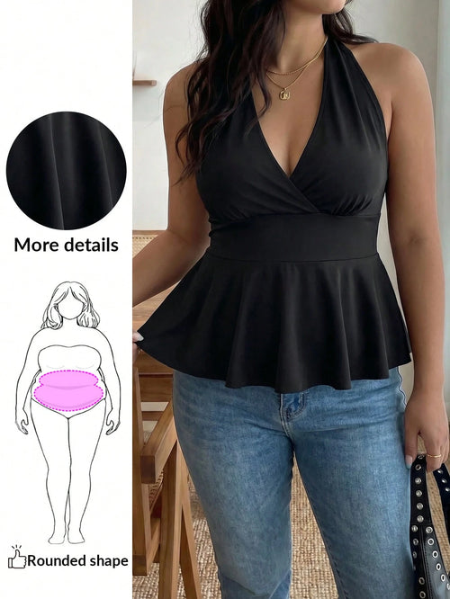 Enliva Plus Size Women's Sexy Black Backless Halter Top CASUAL, For Apple And Rounded Body Shape