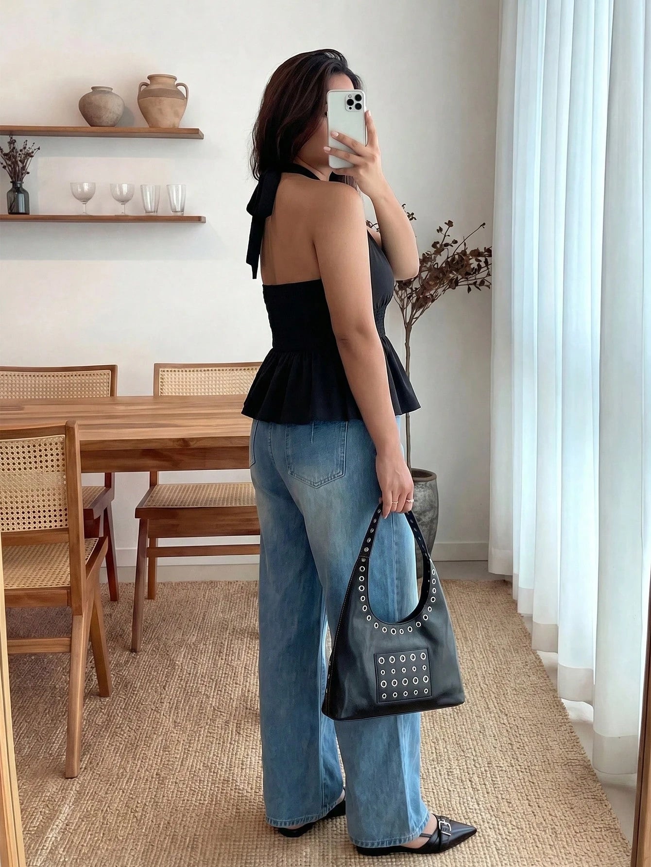 Enliva Plus Size Women's Sexy Black Backless Halter Top CASUAL, For Apple And Rounded Body Shape