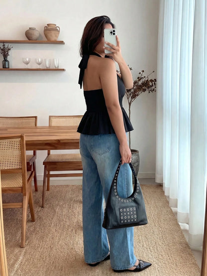 Enliva Plus Size Women's Sexy Black Backless Halter Top CASUAL, For Apple And Rounded Body Shape