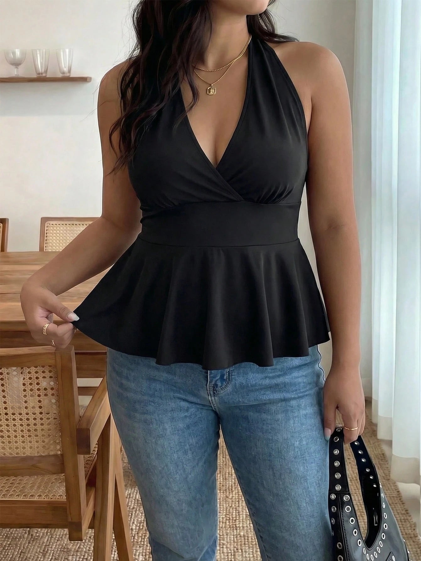 Enliva Plus Size Women's Sexy Black Backless Halter Top CASUAL, For Apple And Rounded Body Shape