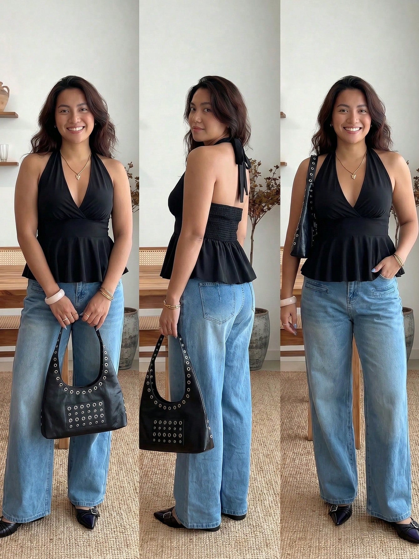 Enliva Plus Size Women's Sexy Black Backless Halter Top CASUAL, For Apple And Rounded Body Shape