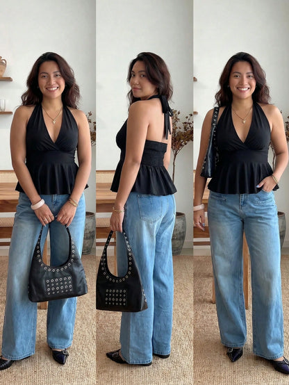 Enliva Plus Size Women's Sexy Black Backless Halter Top CASUAL, For Apple And Rounded Body Shape