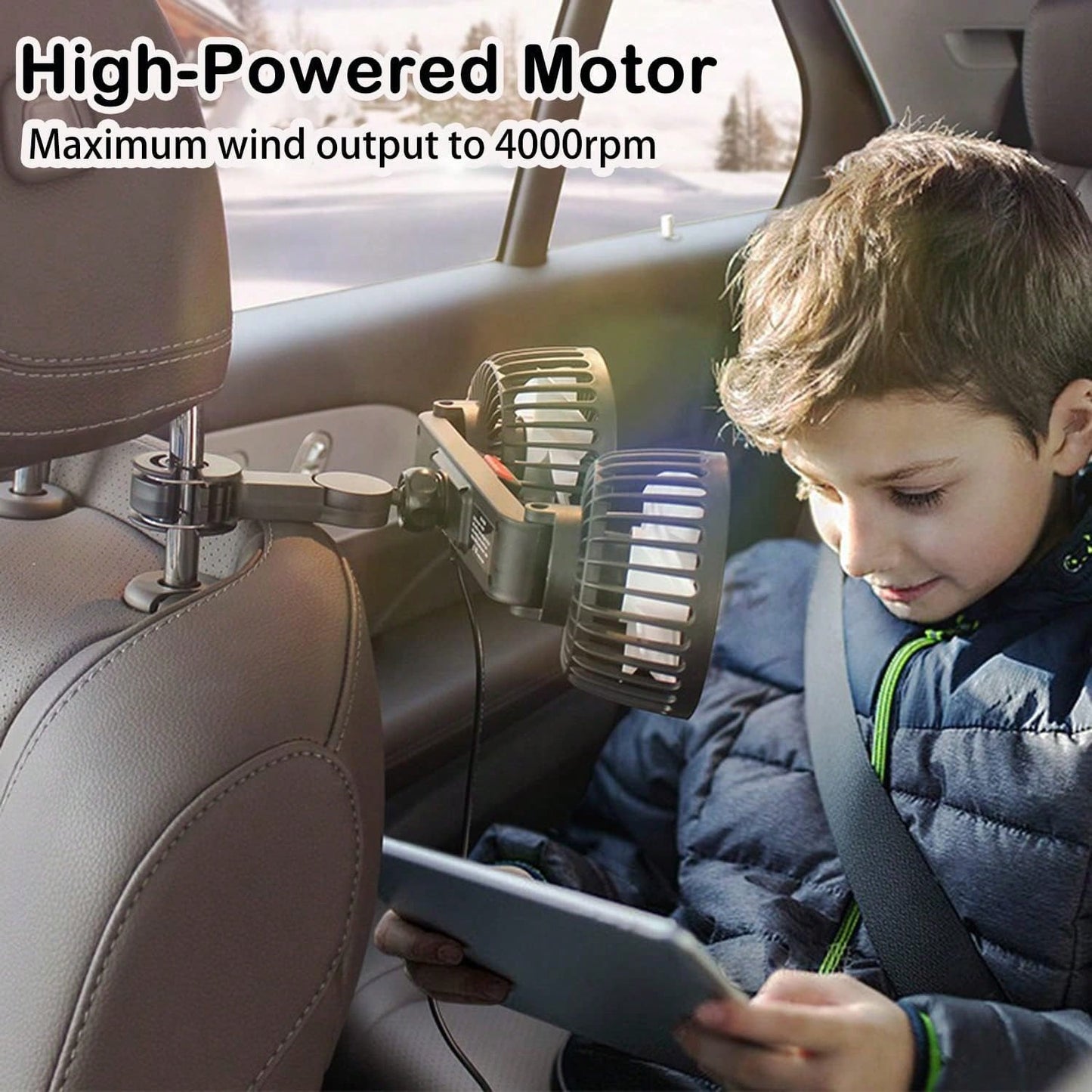 [Essential Car Accessories]360° Rotating 3-Speed Powerful Rear Seat Dual-Sided Car Cooling Fan- Suitable For Sedans, RVs, SUVs, With Adjustable Clips, Specially Designed For Rear-Seat Children As An