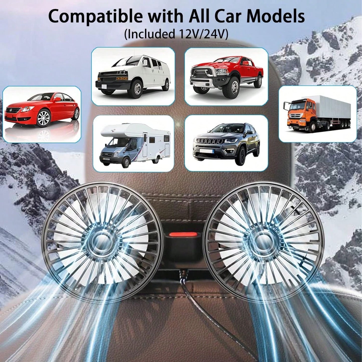 [Essential Car Accessories]360° Rotating 3-Speed Powerful Rear Seat Dual-Sided Car Cooling Fan- Suitable For Sedans, RVs, SUVs, With Adjustable Clips, Specially Designed For Rear-Seat Children As An