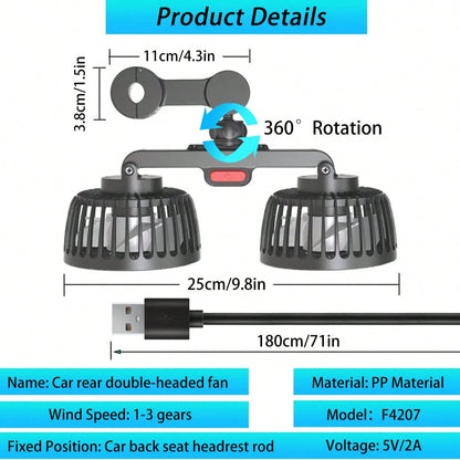 [Essential Car Accessories]360° Rotating 3-Speed Powerful Rear Seat Dual-Sided Car Cooling Fan- Suitable For Sedans, RVs, SUVs, With Adjustable Clips, Specially Designed For Rear-Seat Children As An