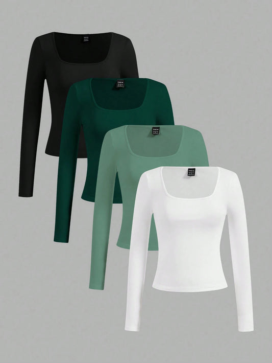 Essnce 4pcs/Set Women Casual Square Neck Long Sleeve Solid Color Versatile T-Shirts, Suitable For Spring And Autumn