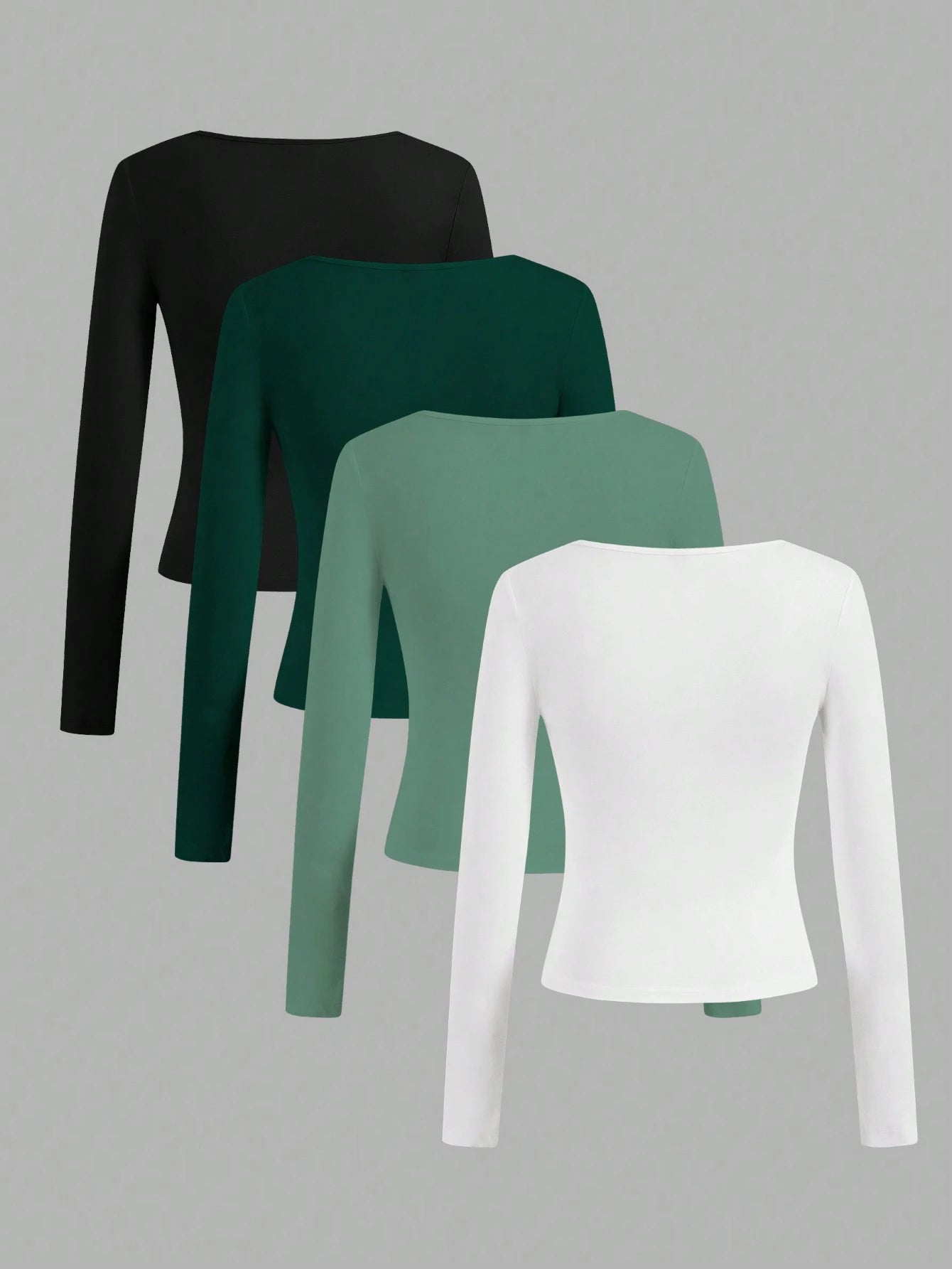 Essnce 4pcs/Set Women Casual Square Neck Long Sleeve Solid Color Versatile T-Shirts, Suitable For Spring And Autumn