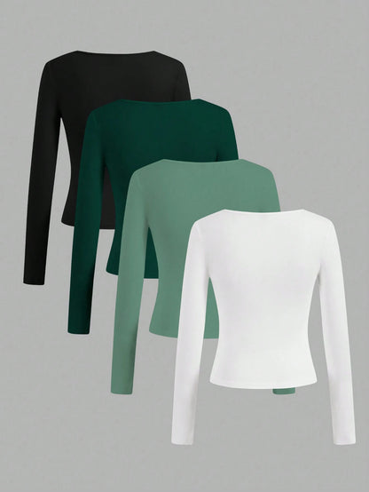 Essnce 4pcs/Set Women Casual Square Neck Long Sleeve Solid Color Versatile T-Shirts, Suitable For Spring And Autumn
