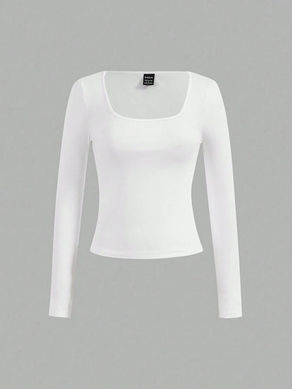 Essnce 4pcs/Set Women Casual Square Neck Long Sleeve Solid Color Versatile T-Shirts, Suitable For Spring And Autumn