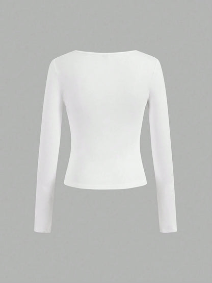 Essnce 4pcs/Set Women Casual Square Neck Long Sleeve Solid Color Versatile T-Shirts, Suitable For Spring And Autumn