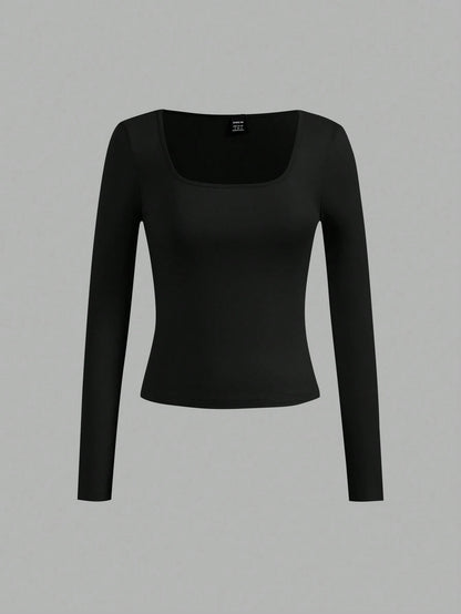 Essnce 4pcs/Set Women Casual Square Neck Long Sleeve Solid Color Versatile T-Shirts, Suitable For Spring And Autumn
