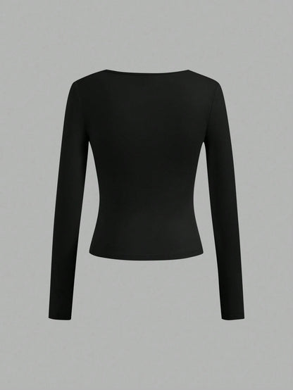 Essnce 4pcs/Set Women Casual Square Neck Long Sleeve Solid Color Versatile T-Shirts, Suitable For Spring And Autumn