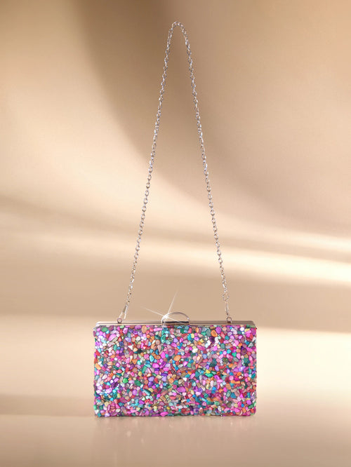 Etoivie Mini Multicolor Stone Clutch Bag With Gold Chain, Lightweight Handbag Perfect For Parties, Weddings, Graduations