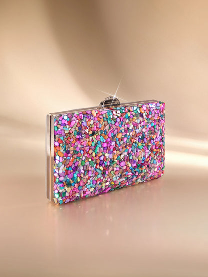 Etoivie Mini Multicolor Stone Clutch Bag With Gold Chain, Lightweight Handbag Perfect For Parties, Weddings, Graduations