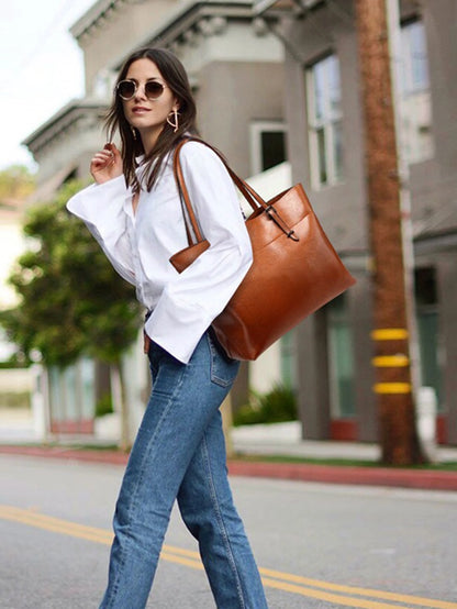 European And American Style Large Capacity Oil Leather Tote Bag With Casual And Simple Design, Perfect Gift For. Suitable For Office Lady, College Student And White Collar Worker, Office Bag & Busine