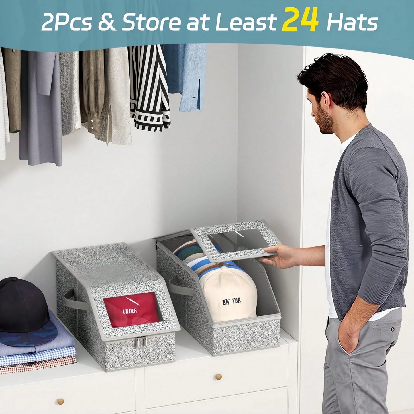 Extra Large Baseball Hat Organizer – Dustproof Hat Storage For Baseball Caps, Foldable Hat Box Organizer With Clear Window, Holds 12–24 Hats For Closet Or Travel, Perfect For Seasonal Storage And Disp