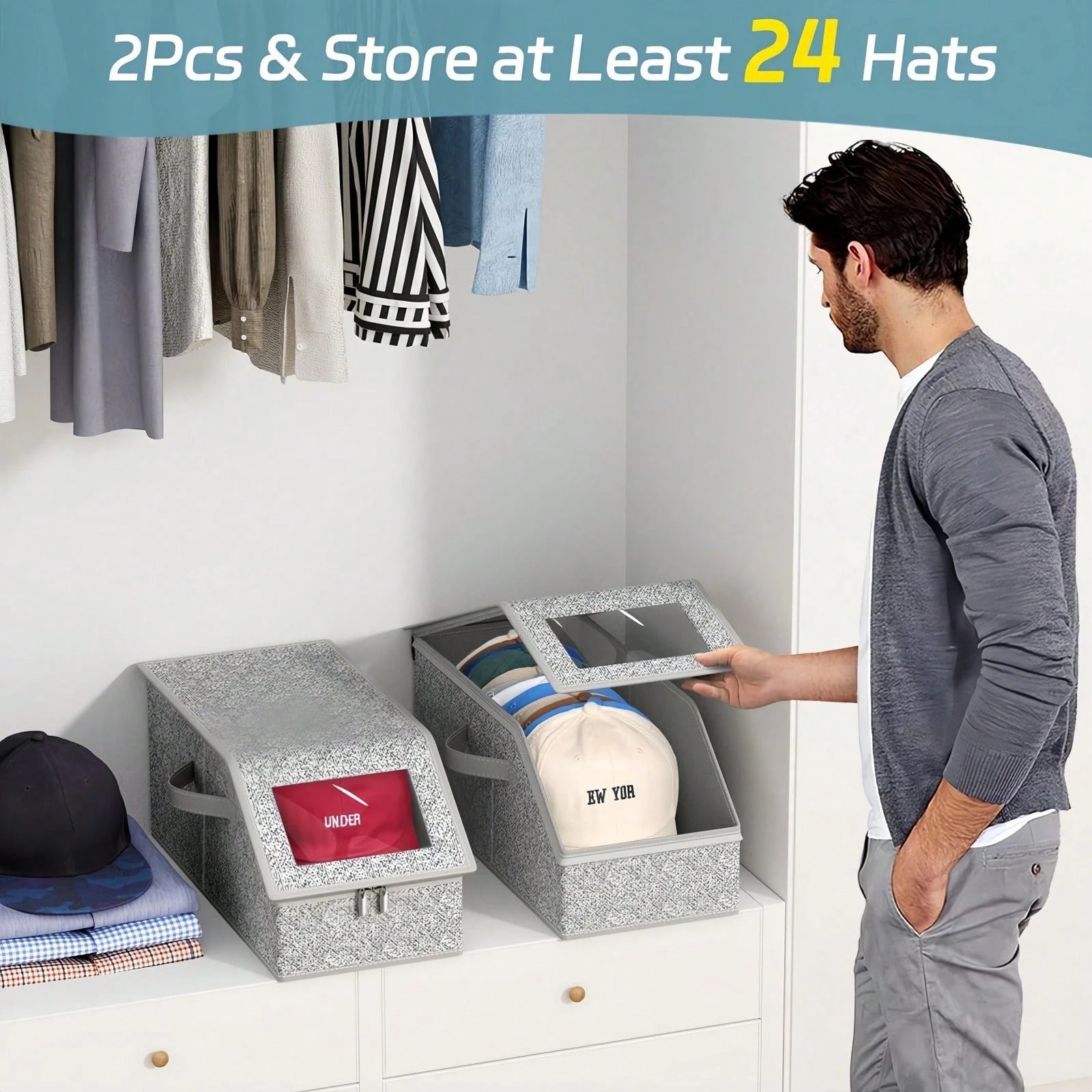 Extra Large Baseball Hat Organizer – Dustproof Hat Storage For Baseball Caps, Foldable Hat Box Organizer With Clear Window, Holds 12–24 Hats For Closet Or Travel, Perfect For Seasonal Storage And Disp