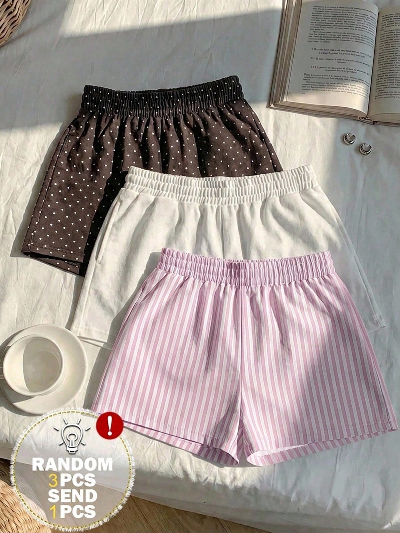EZwear 3pcs Brown Polka Dot, White, Pink & White Striped Women's Casual Mid-Waist Loose Shorts, Suitable For Summer