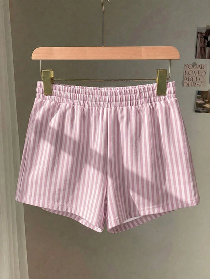 EZwear 3pcs Brown Polka Dot, White, Pink & White Striped Women's Casual Mid-Waist Loose Shorts, Suitable For Summer