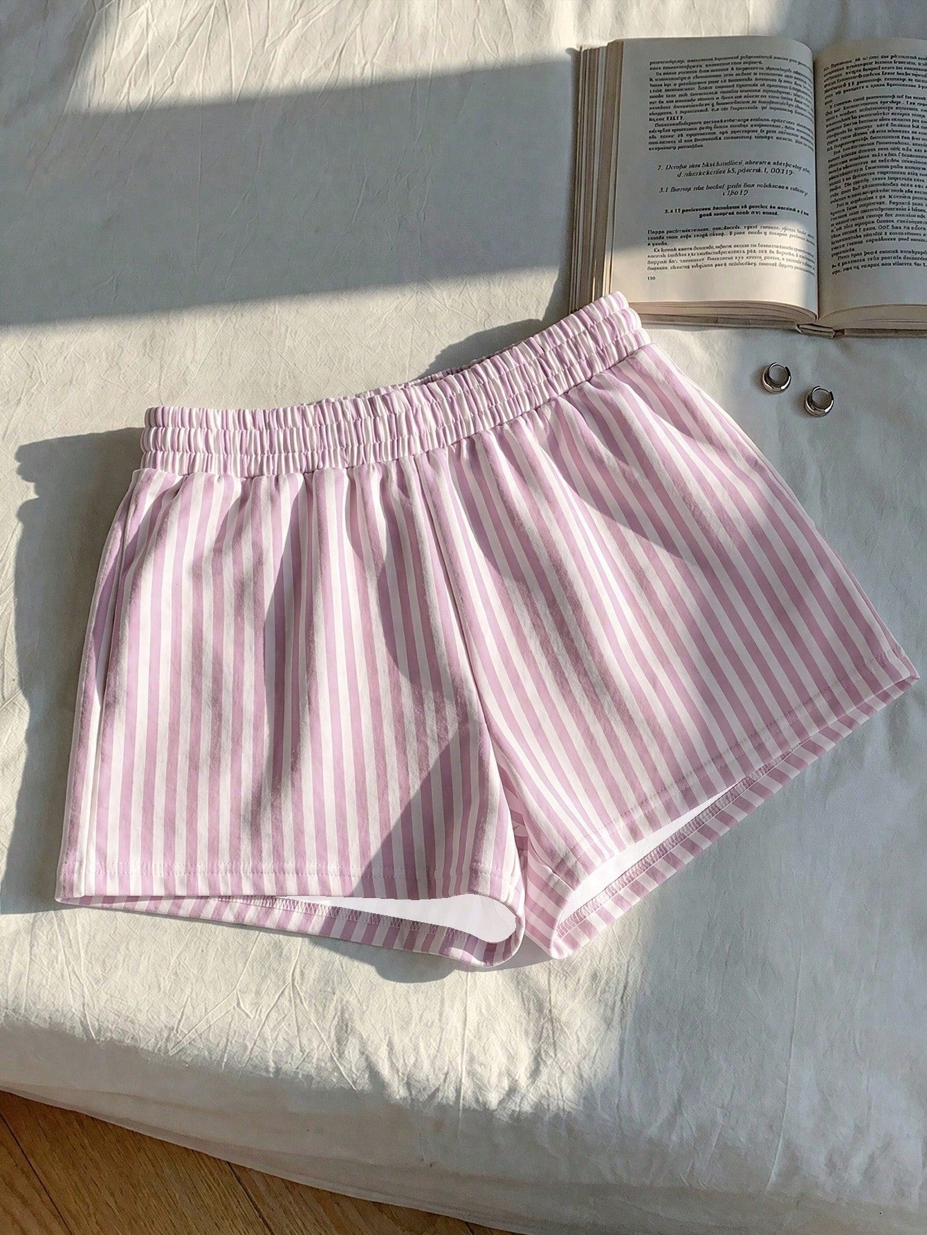 EZwear 3pcs Brown Polka Dot, White, Pink & White Striped Women's Casual Mid-Waist Loose Shorts, Suitable For Summer