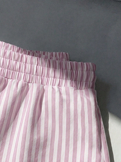 EZwear 3pcs Brown Polka Dot, White, Pink & White Striped Women's Casual Mid-Waist Loose Shorts, Suitable For Summer