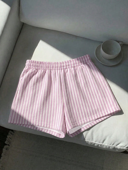 EZwear 3pcs Brown Polka Dot, White, Pink & White Striped Women's Casual Mid-Waist Loose Shorts, Suitable For Summer