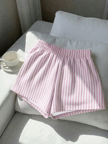 EZwear 3pcs Brown Polka Dot, White, Pink & White Striped Women's Casual Mid-Waist Loose Shorts, Suitable For Summer