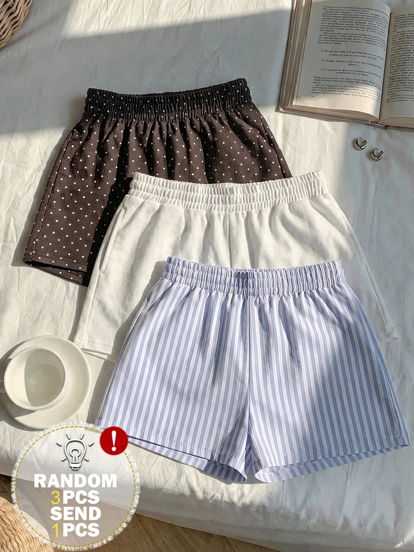 EZwear 3pcs Brown Polka Dot, White, Pink & White Striped Women's Casual Mid-Waist Loose Shorts, Suitable For Summer