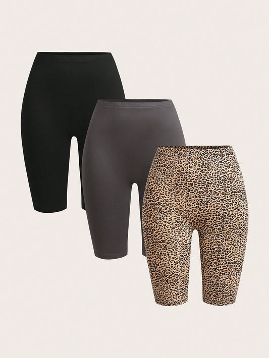 EZwear 3pcs Leisure Leopard Print Knitted Bodycon Women's Short Leggings, Suitable For Summer Women's Sportswear
