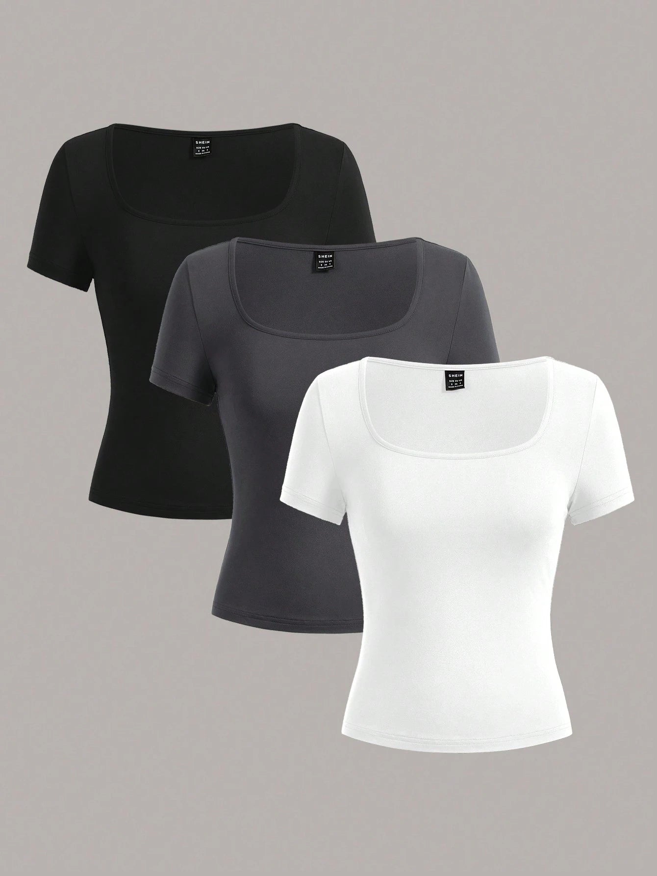 EZwear 3pcs Square Neck Short Sleeve Cropped Casual T-Shirt For Women, Summer Suitable For Going Out