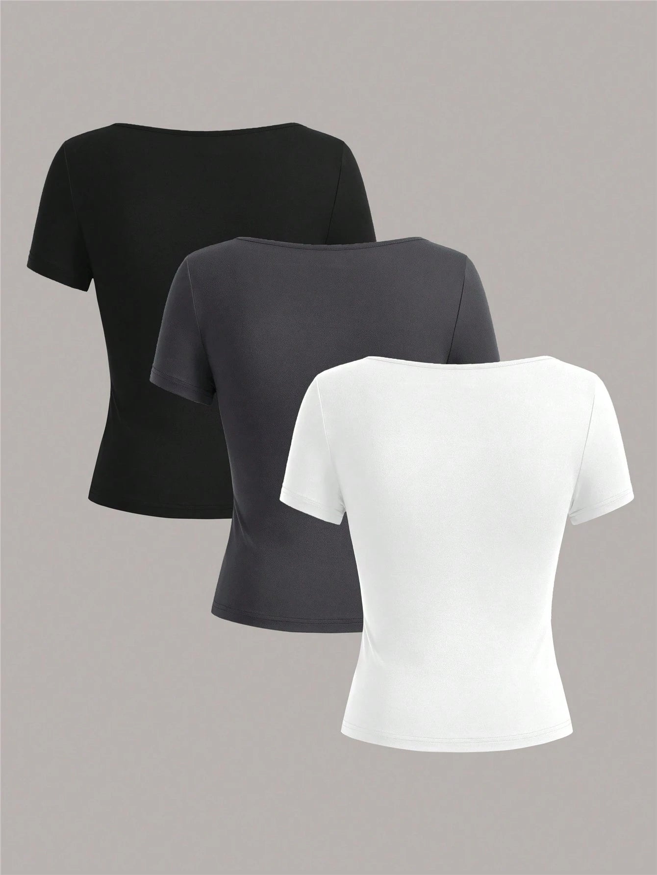 EZwear 3pcs Square Neck Short Sleeve Cropped Casual T-Shirt For Women, Summer Suitable For Going Out
