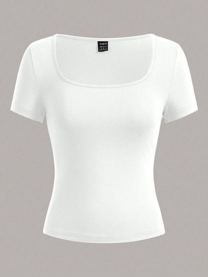 EZwear 3pcs Square Neck Short Sleeve Cropped Casual T-Shirt For Women, Summer Suitable For Going Out