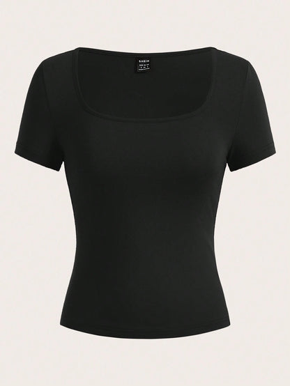 EZwear 3pcs Square Neck Short Sleeve Cropped Casual T-Shirt For Women, Summer Suitable For Going Out