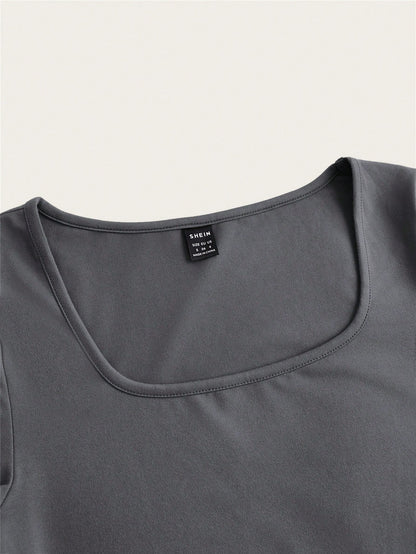 EZwear 3pcs Square Neck Short Sleeve Cropped Casual T-Shirt For Women, Summer Suitable For Going Out