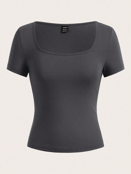EZwear 3pcs Square Neck Short Sleeve Cropped Casual T-Shirt For Women, Summer Suitable For Going Out
