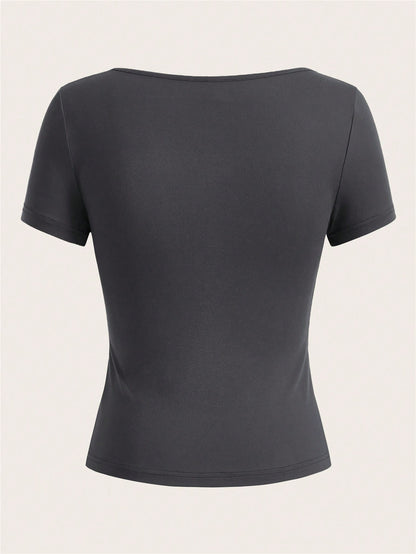 EZwear 3pcs Square Neck Short Sleeve Cropped Casual T-Shirt For Women, Summer Suitable For Going Out
