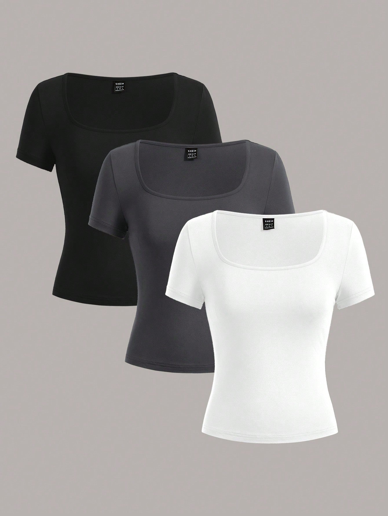 EZwear 3pcs Square Neck Short Sleeve Cropped Casual T-Shirt For Women, Summer Suitable For Going Out
