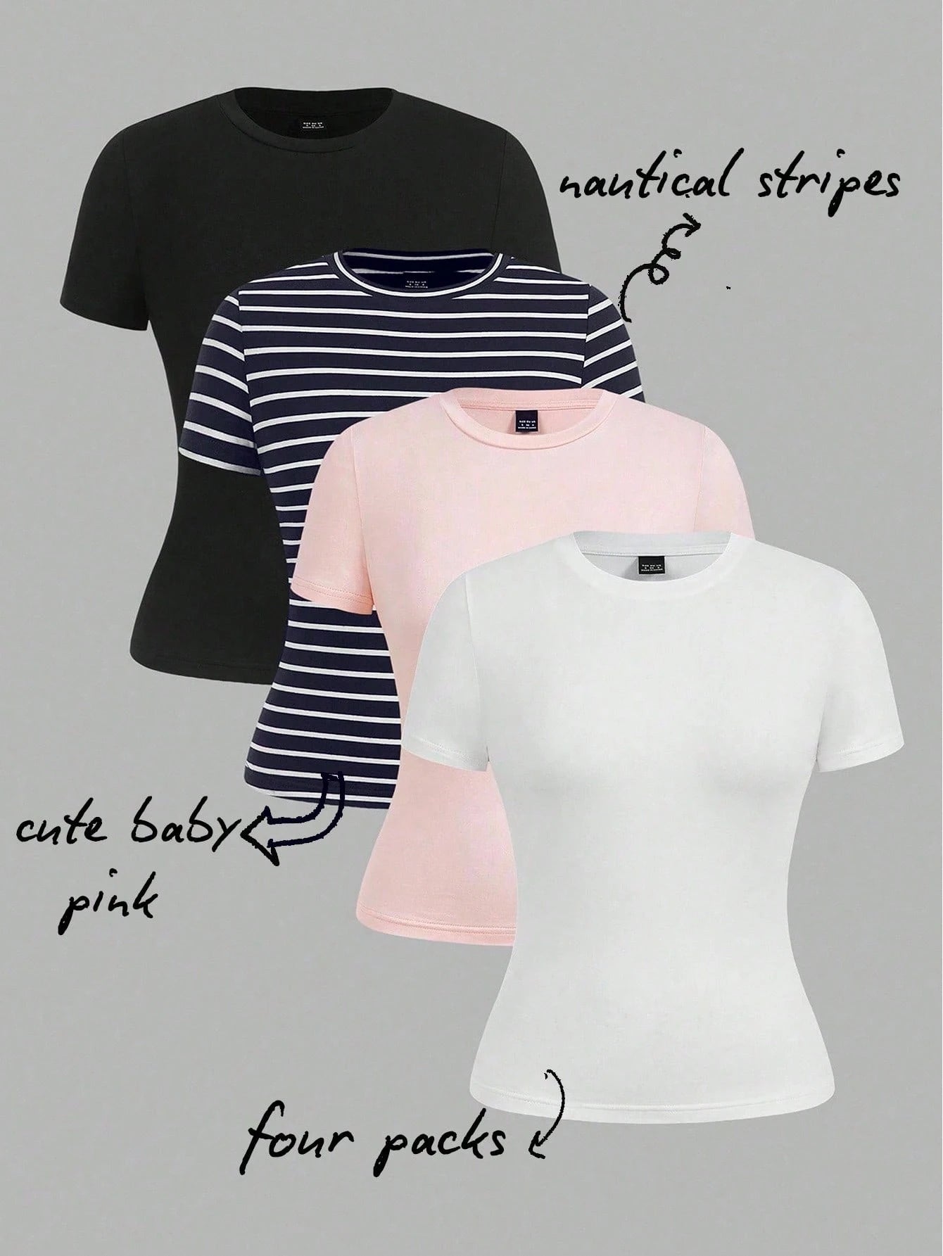 EZwear 4 Pieces Set Casual Simple Basic Striped Round Neck Short Sleeve T-Shirts, Suitable For Spring/Summer, Beach, Music Festivals Suitable For Going Out