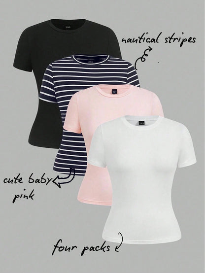 EZwear 4 Pieces Set Casual Simple Basic Striped Round Neck Short Sleeve T-Shirts, Suitable For Spring/Summer, Beach, Music Festivals Suitable For Going Out