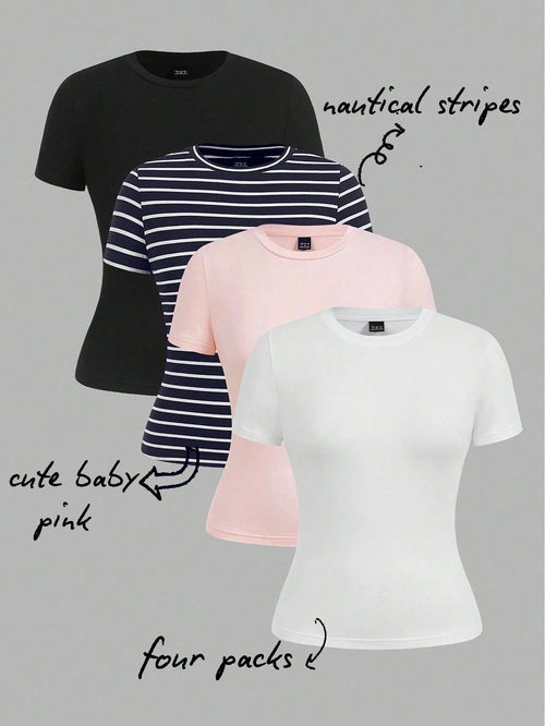 EZwear 4 Pieces Set Casual Simple Basic Striped Round Neck Short Sleeve T-Shirts, Suitable For Spring/Summer, Beach, Music Festivals Suitable For Going Out