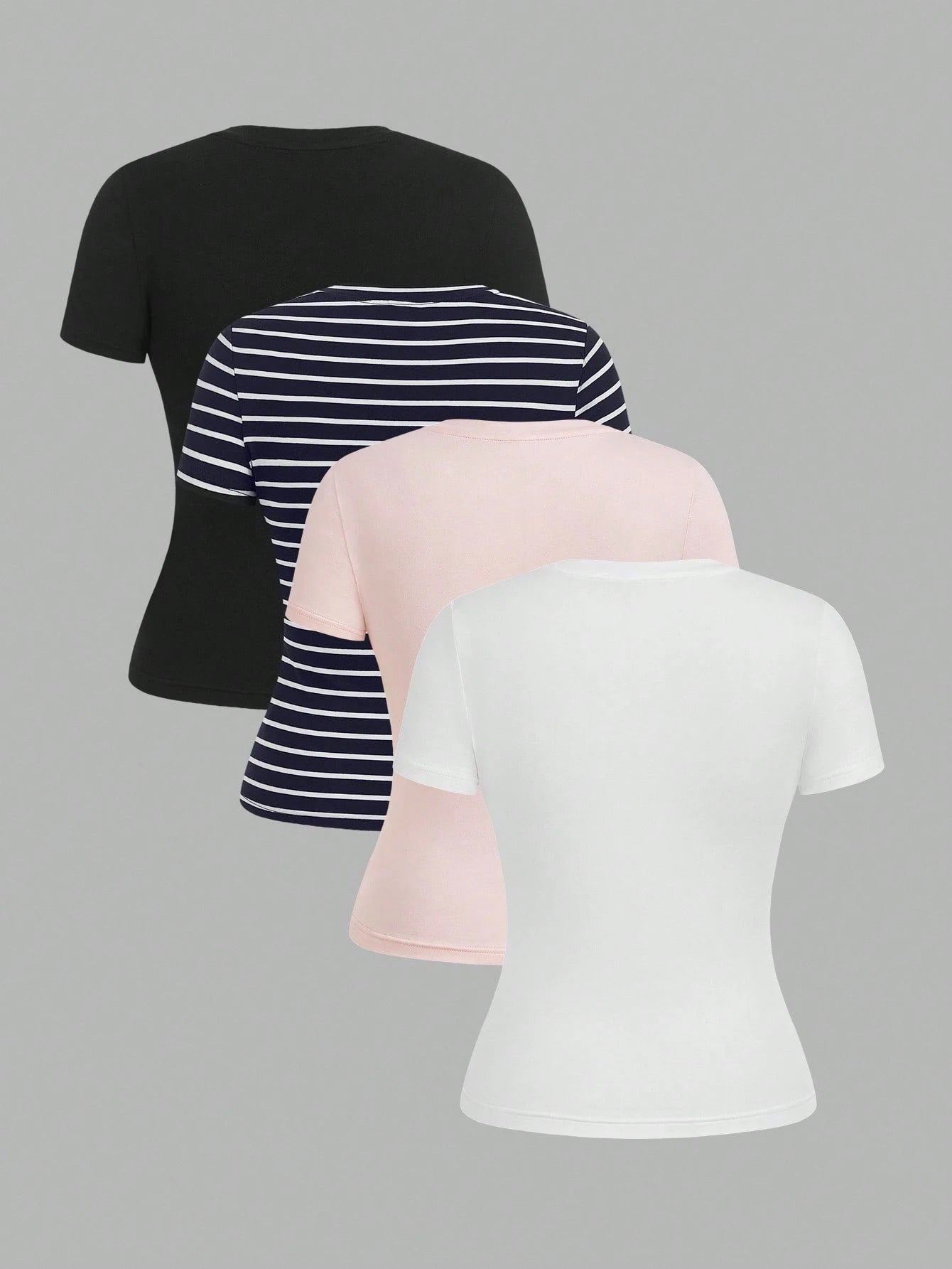 EZwear 4 Pieces Set Casual Simple Basic Striped Round Neck Short Sleeve T-Shirts, Suitable For Spring/Summer, Beach, Music Festivals Suitable For Going Out