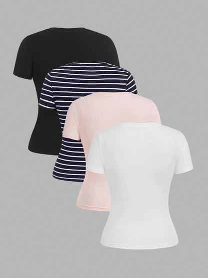 EZwear 4 Pieces Set Casual Simple Basic Striped Round Neck Short Sleeve T-Shirts, Suitable For Spring/Summer, Beach, Music Festivals Suitable For Going Out