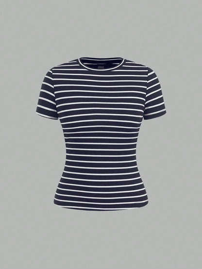 EZwear 4 Pieces Set Casual Simple Basic Striped Round Neck Short Sleeve T-Shirts, Suitable For Spring/Summer, Beach, Music Festivals Suitable For Going Out