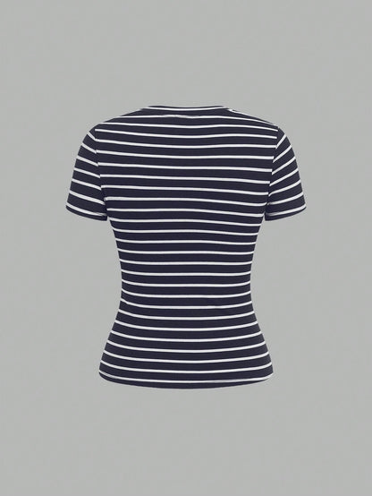 EZwear 4 Pieces Set Casual Simple Basic Striped Round Neck Short Sleeve T-Shirts, Suitable For Spring/Summer, Beach, Music Festivals Suitable For Going Out