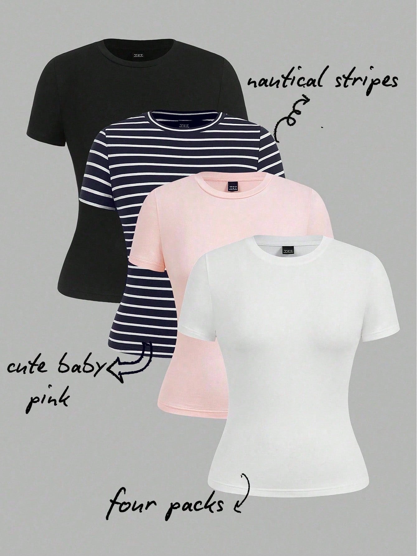 EZwear 4 Pieces Set Casual Simple Basic Striped Round Neck Short Sleeve T-Shirts, Suitable For Spring/Summer, Beach, Music Festivals Suitable For Going Out