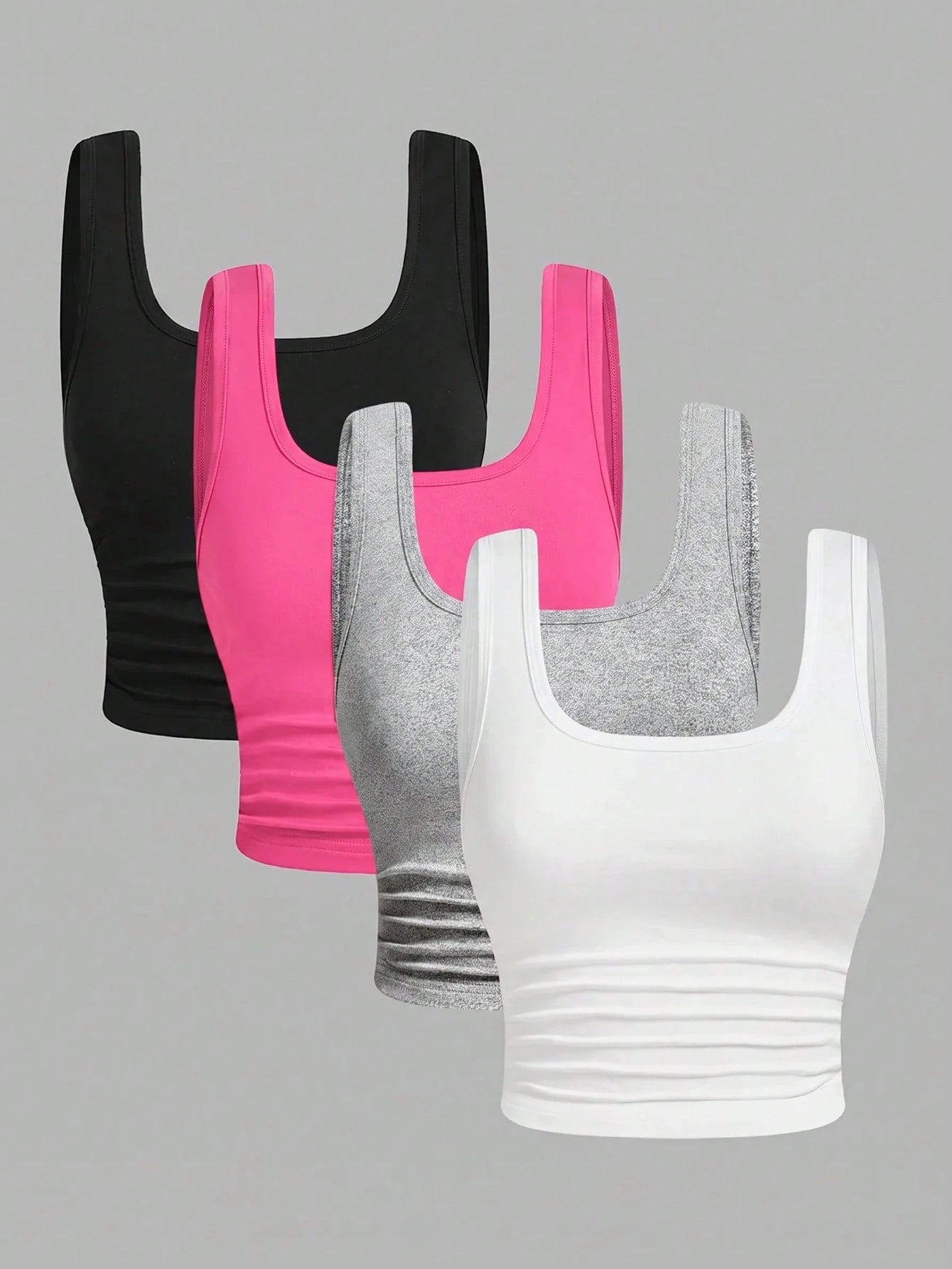 EZwear 4pcs/Set Plus Size Black Pastel Pink Grey White Casual Smart Casual Short Tank Top,Summer,Mother Day None, Gym