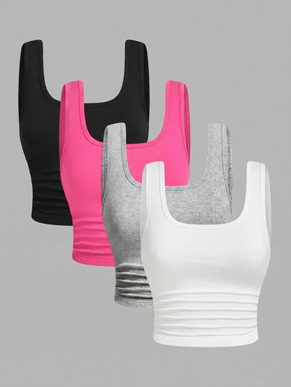 EZwear 4pcs/Set Plus Size Black Pastel Pink Grey White Casual Smart Casual Short Tank Top,Summer,Mother Day None, Gym