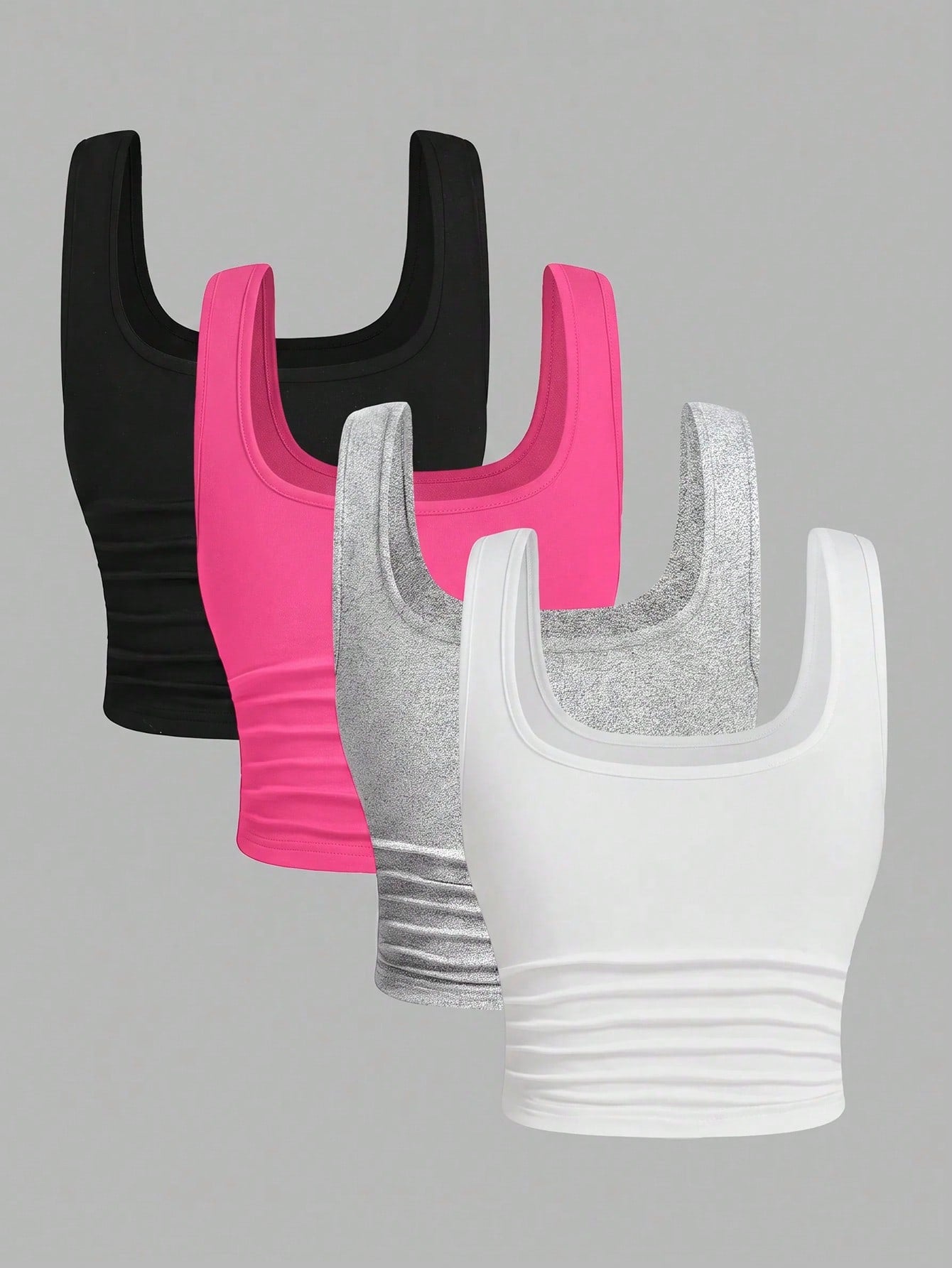 EZwear 4pcs/Set Plus Size Black Pastel Pink Grey White Casual Smart Casual Short Tank Top,Summer,Mother Day None, Gym