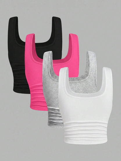 EZwear 4pcs/Set Plus Size Black Pastel Pink Grey White Casual Smart Casual Short Tank Top,Summer,Mother Day None, Gym