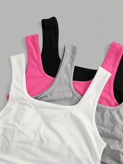 EZwear 4pcs/Set Plus Size Black Pastel Pink Grey White Casual Smart Casual Short Tank Top,Summer,Mother Day None, Gym